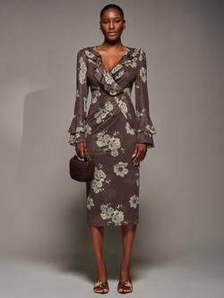 Jolie Moi Floral Frill Sleeve Wrap Midi Dress, Brown, Brown