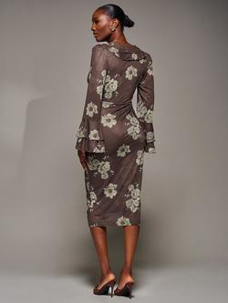 Jolie Moi Floral Frill Sleeve Wrap Midi Dress, Brown - view 2, Brown