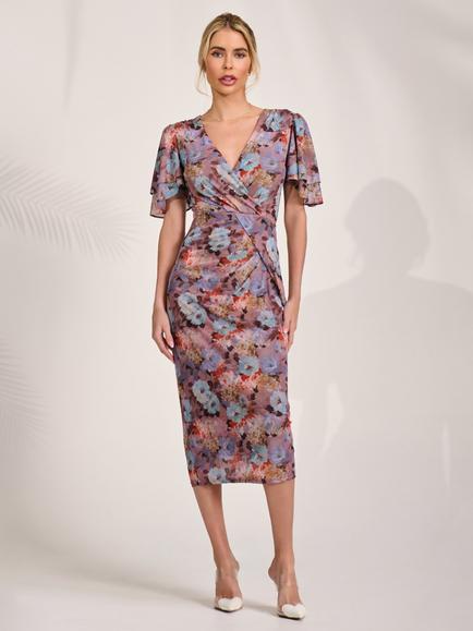 Jolie Moi Floral Angel Sleeve Bodycon Dress, Multi, Multi