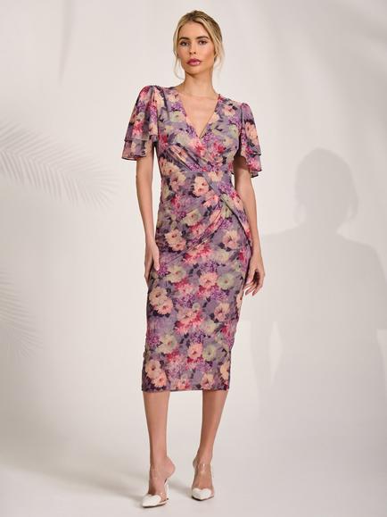 Jolie Moi Floral Angel Sleeve Mesh Dress, Multi, Multi