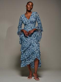 Jolie Moi Floral Ruffle Sleeve Tiered Dress, Blue, Blue