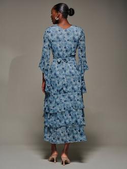 Jolie Moi Floral Ruffle Sleeve Tiered Dress, Blue - view 2, Blue