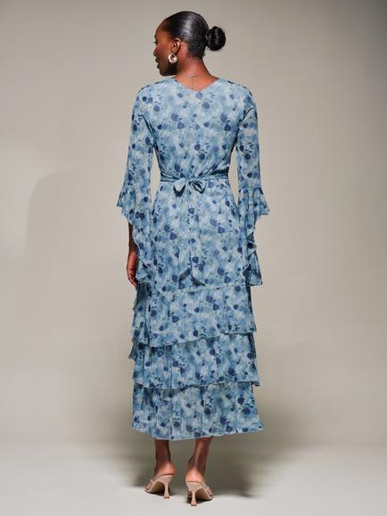 Jolie Moi Floral Ruffle Sleeve Tiered Dress, Blue - view 2, Blue