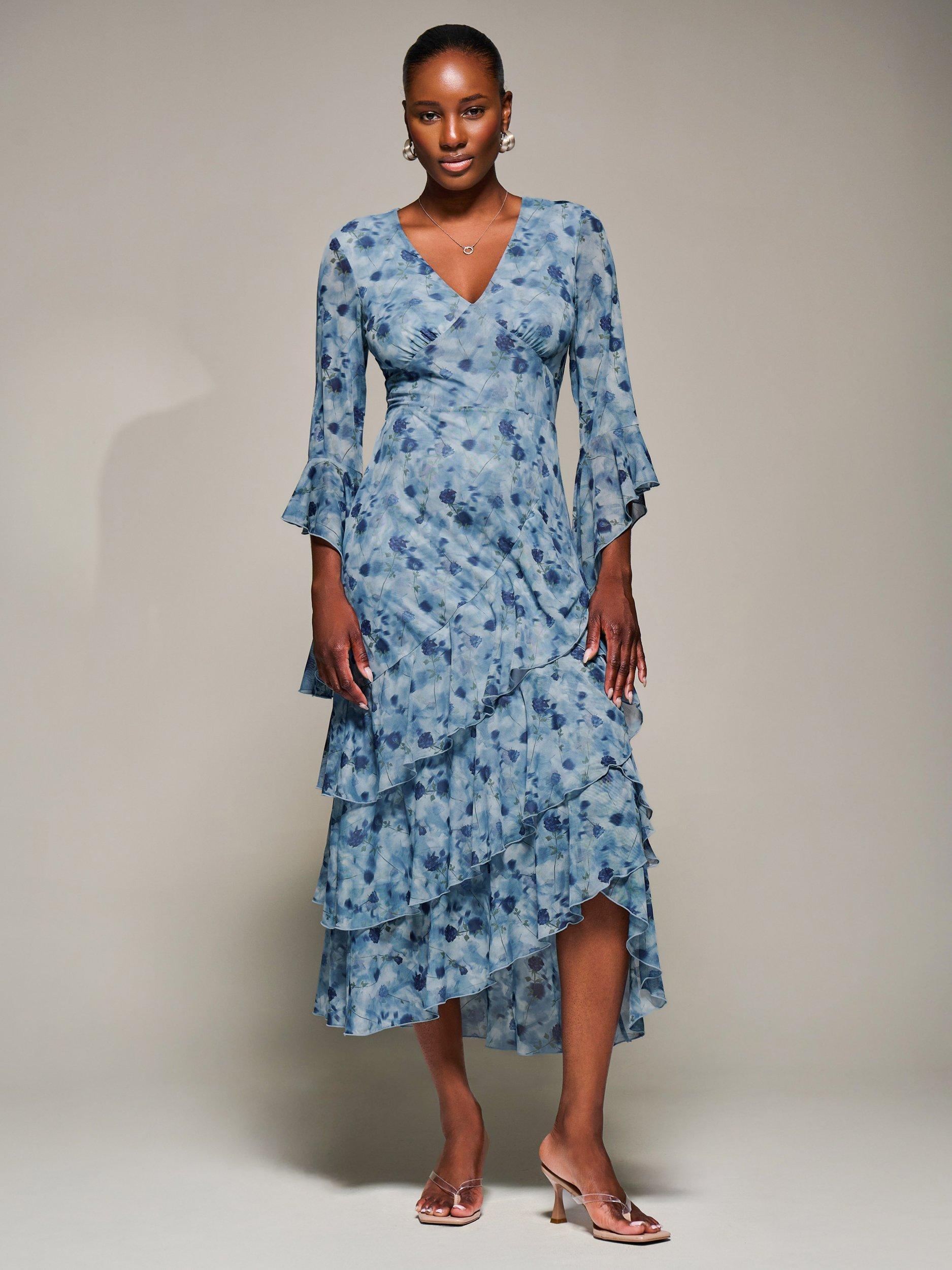 Jolie Moi Floral Ruffle Sleeve Tiered Dress, Blue
