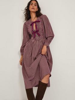 Monsoon Agatha Tie Front Check Midi Dress, Cherry, Cherry