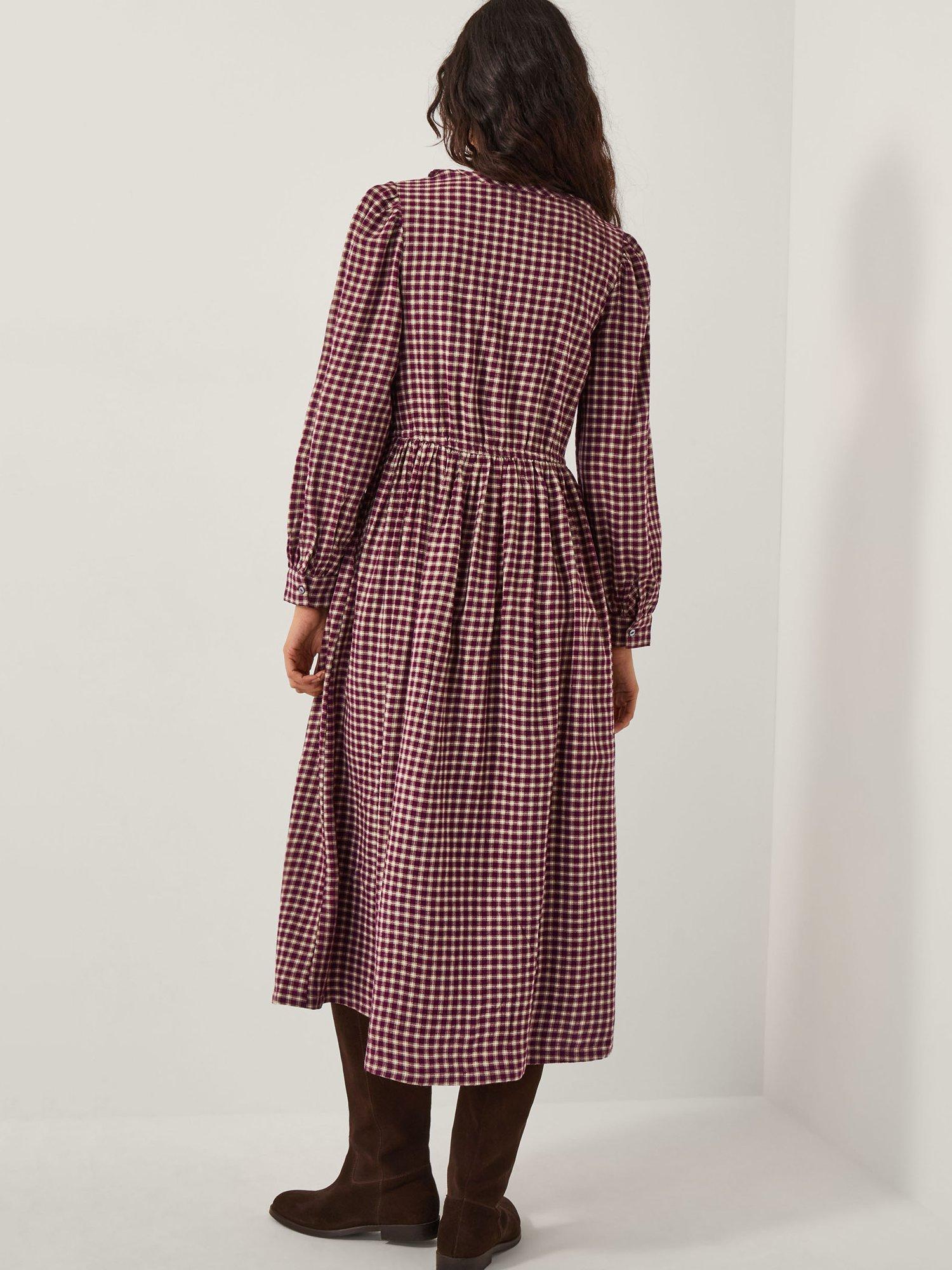 Product image 2 of 6, which shows Monsoon Agatha Tie Front Check Midi Dress, Cherry, 8