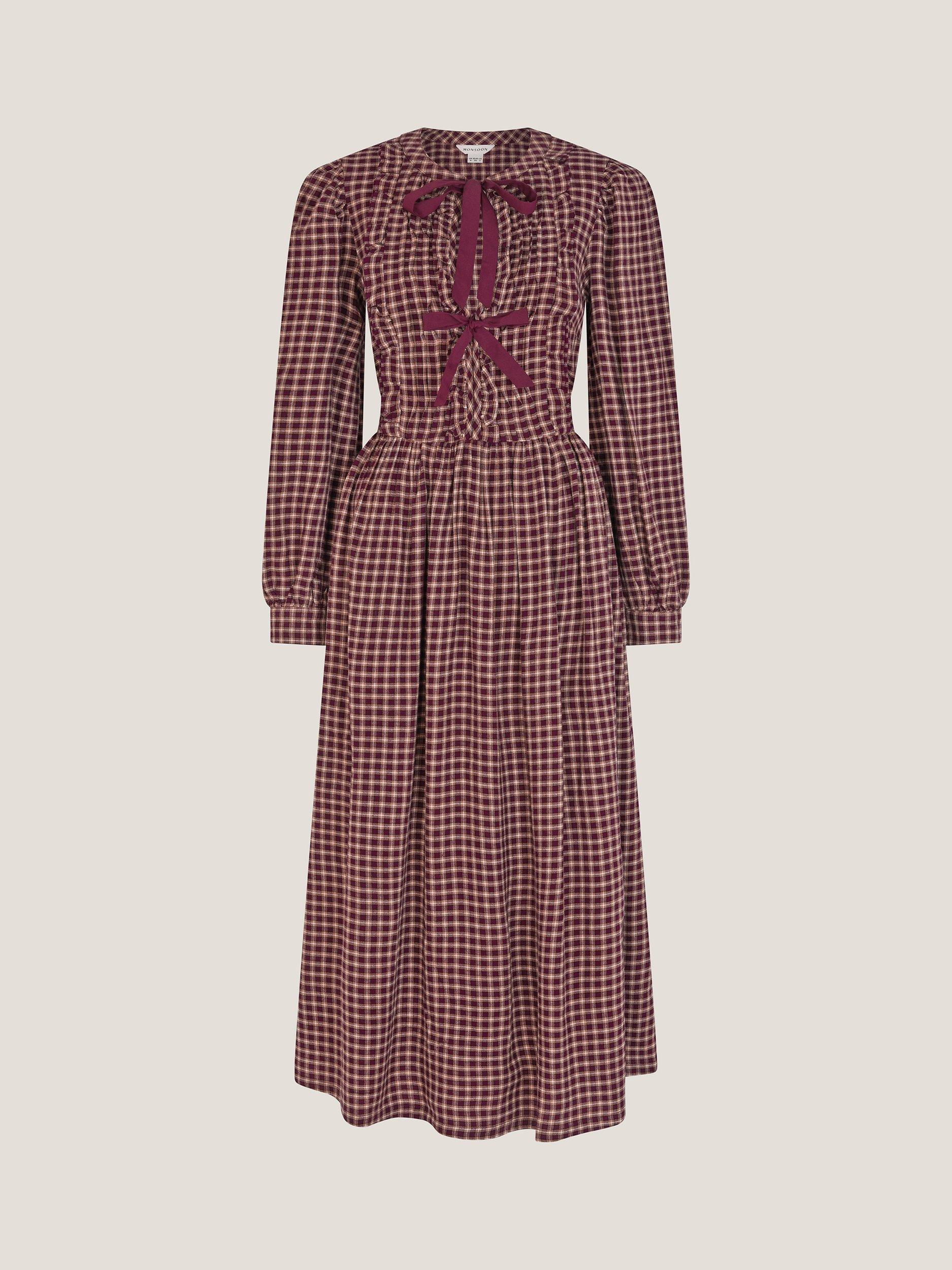 Product image 3 of 6, which shows Monsoon Agatha Tie Front Check Midi Dress, Cherry, 8