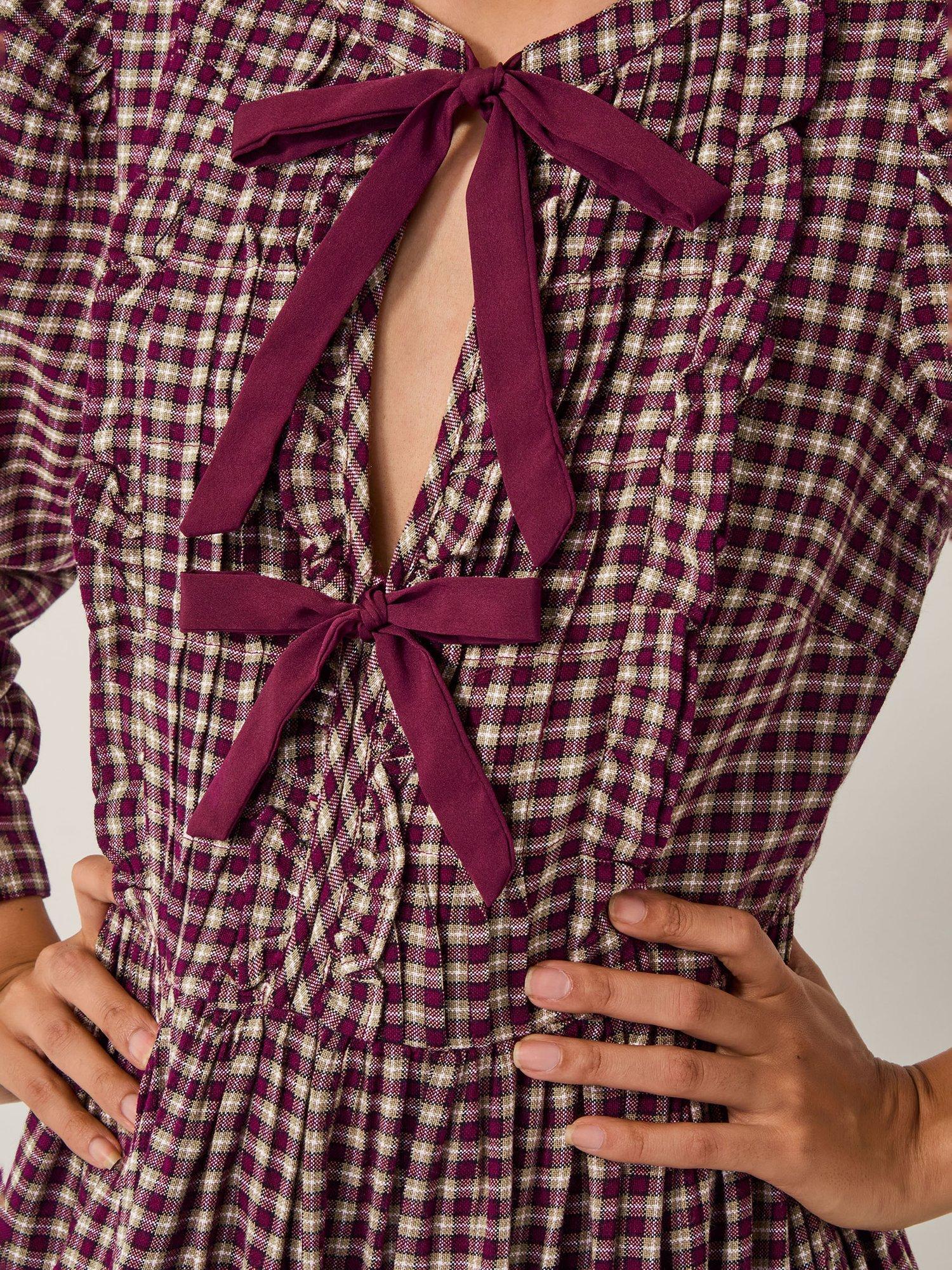 Product image 5 of 6, which shows Monsoon Agatha Tie Front Check Midi Dress, Cherry, 8