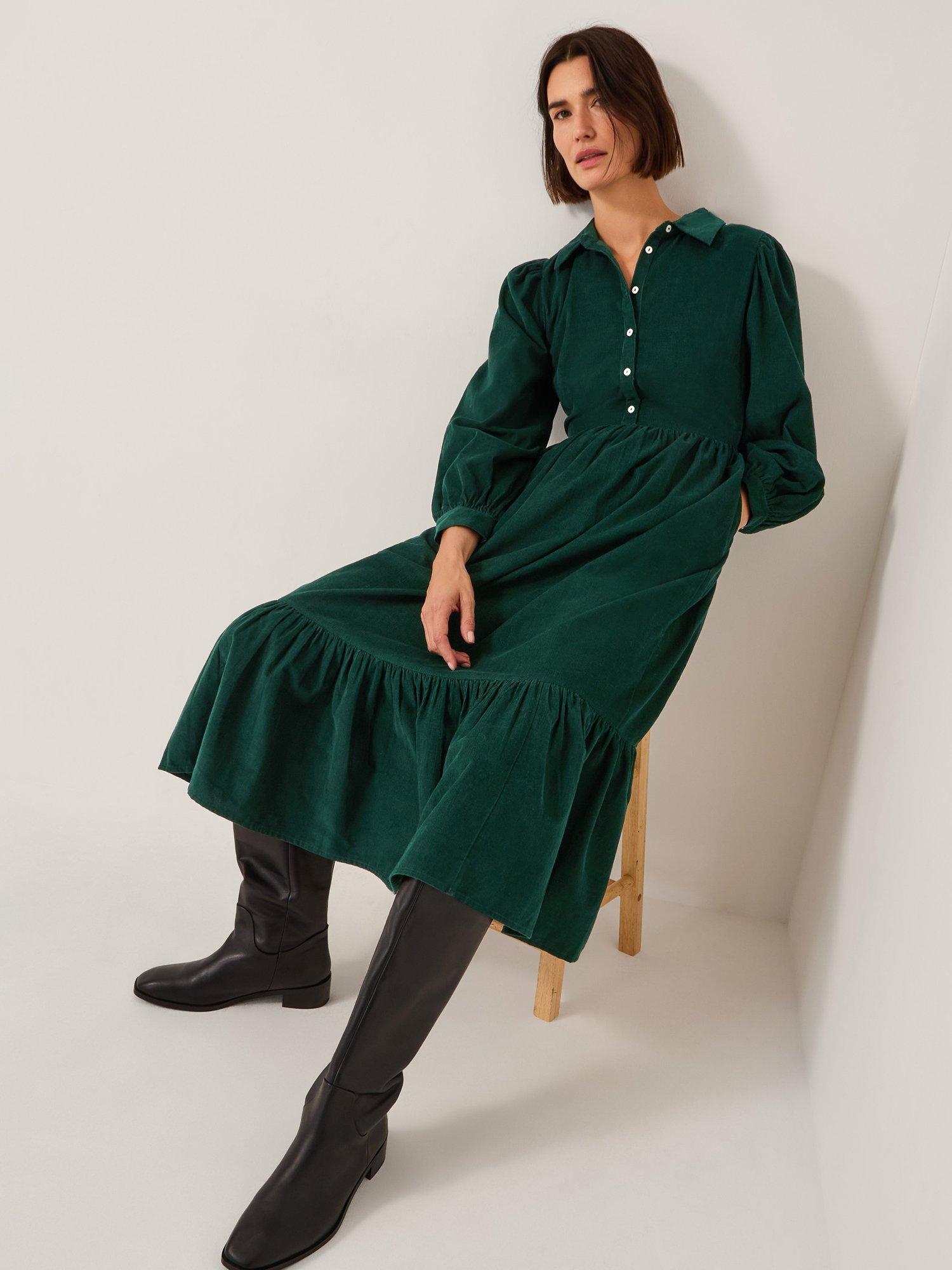 Monsoon Adriana Corduroy Midi Shirt Dress, Green