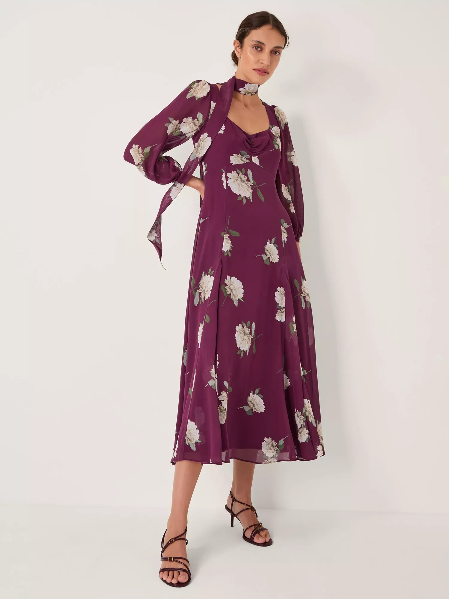 Monsoon Amber Floral Midi Dress, Burgundy/Multi