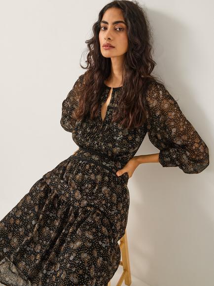 Monsoon Clara Floral Maxi Dress, Black, Black