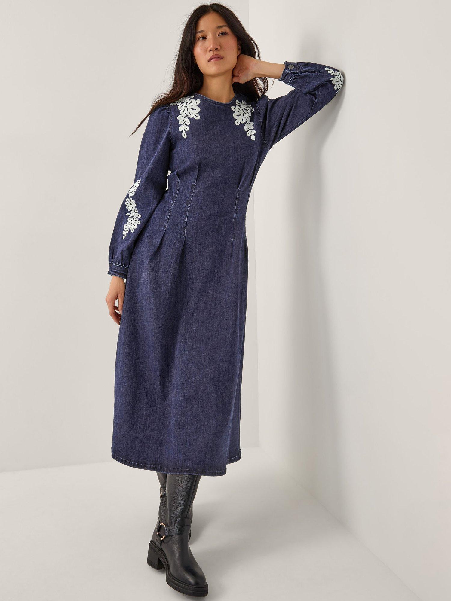 Product image 1 of 4, which shows Monsoon Eileen Embroidered Denim Dress, Indigo, 8