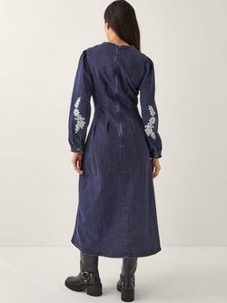 Monsoon Eileen Embroidered Denim Dress, Indigo - view 2, Indigo
