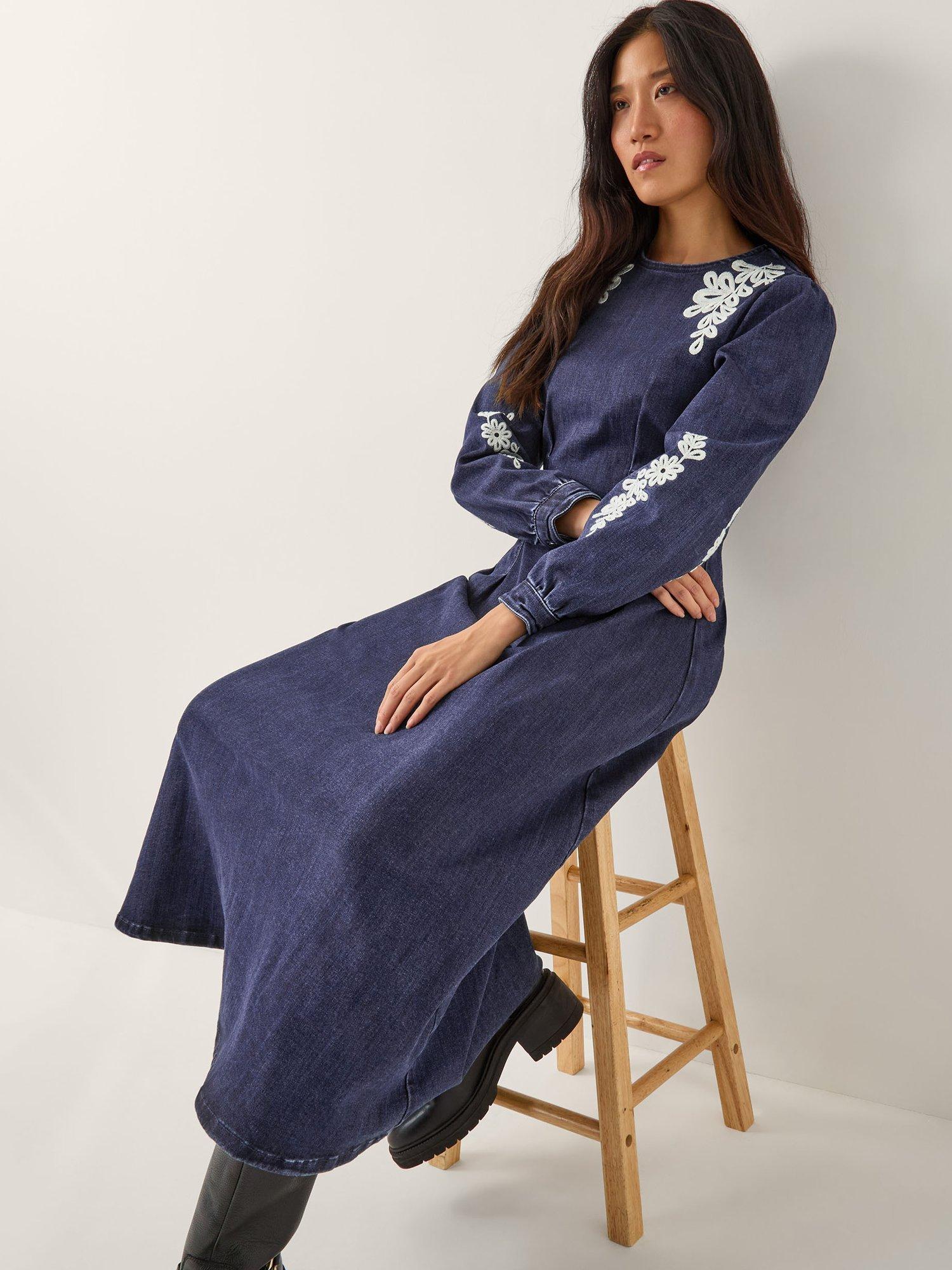 Product image 3 of 4, which shows Monsoon Eileen Embroidered Denim Dress, Indigo, 8