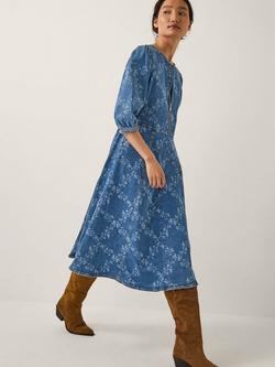 Monsoon Hailsey Floral Midi Dress, Denim Blue, Denim Blue