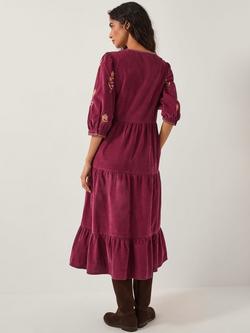 Monsoon Mia Embroidered Corduroy Midi Dress, Cherry - view 2, Cherry