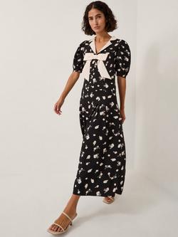 Monsoon Mabli Floral Bow Midi Tea Dress, Black/White, Black/White