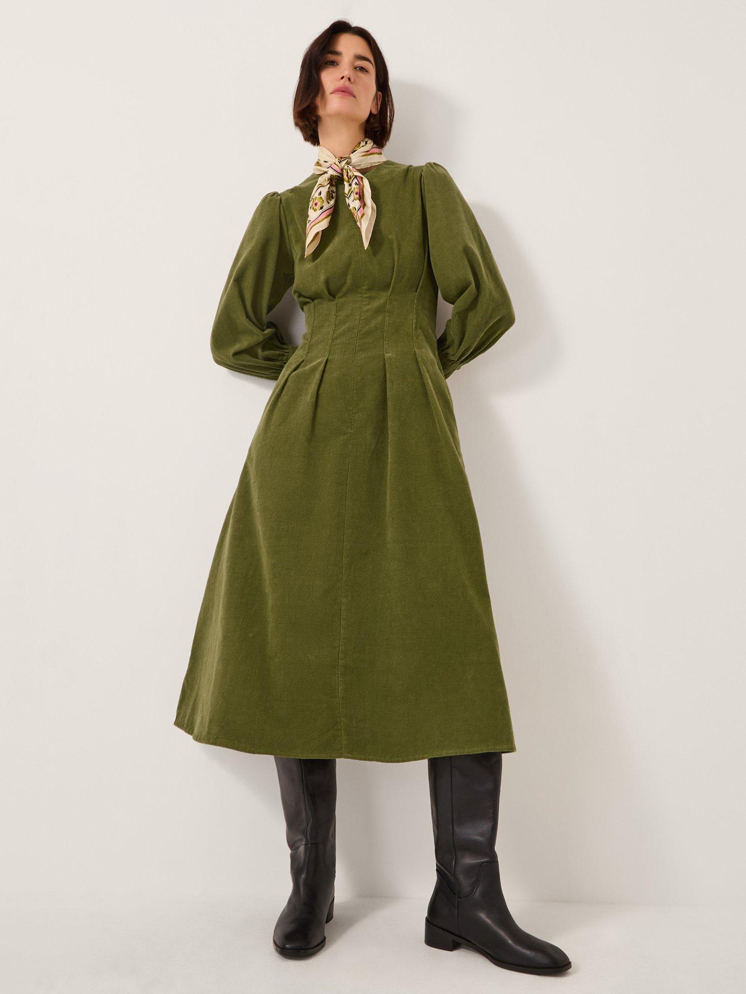 Monsoon Morgan Corduroy Midi Dress, Green