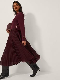 Monsoon Penny Long Sleeve Pleated Midi Dress, Aubergine, Aubergine
