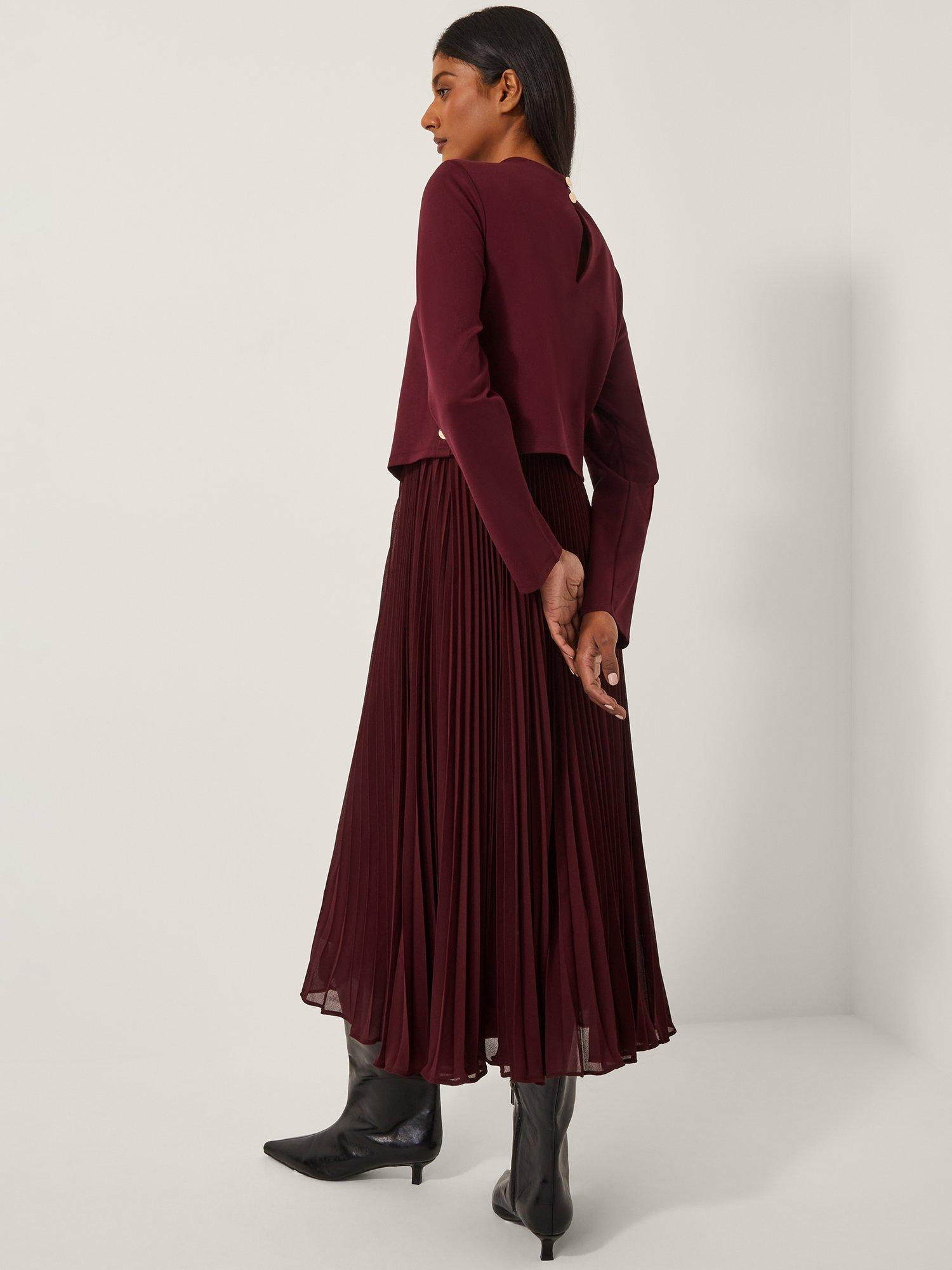 Monsoon Penny Long Sleeve Pleated Midi Dress, Aubergine