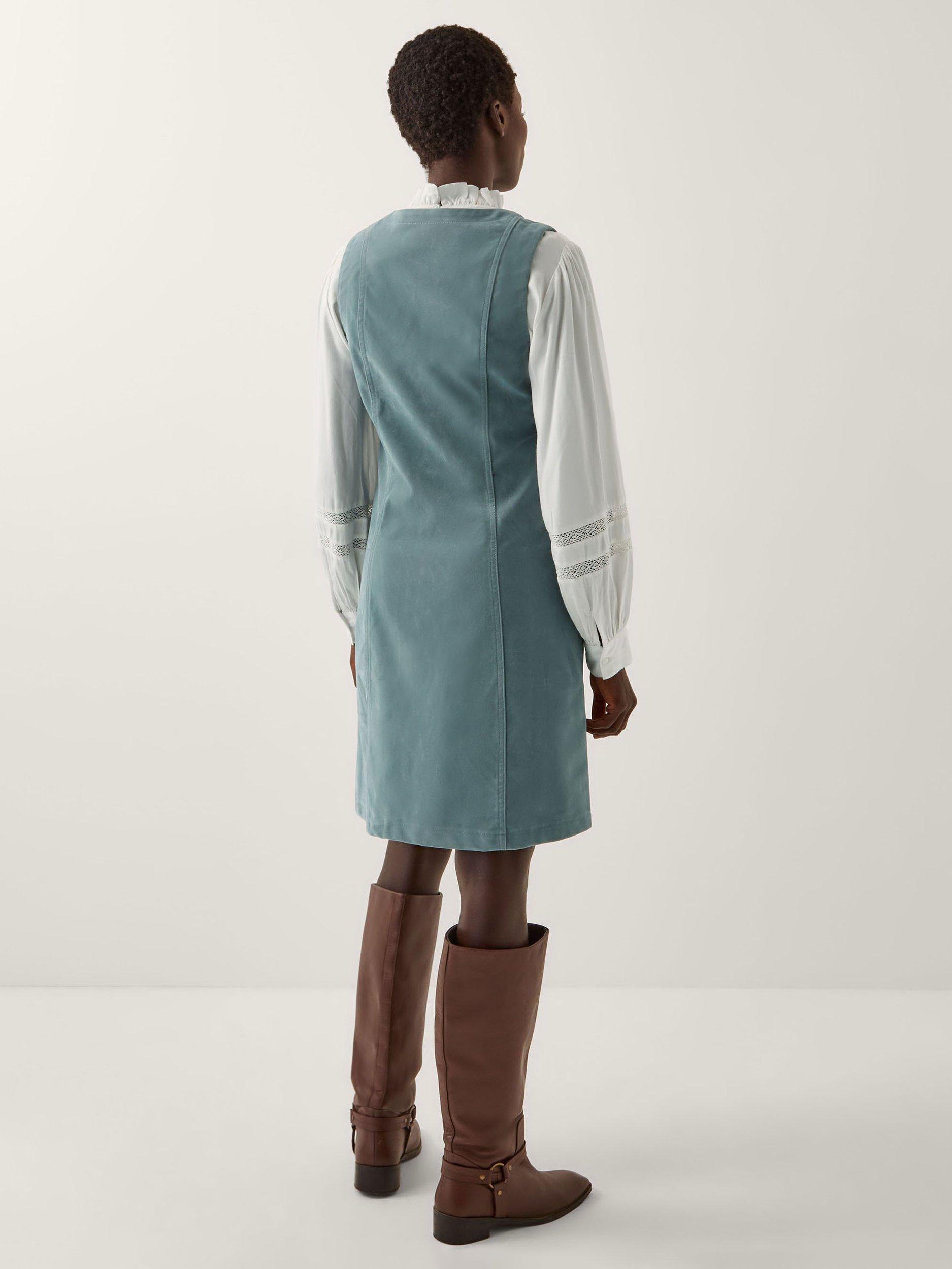 Product image 2 of 5, which shows Monsoon Rudi Scallop Pinafore Dress, Blue, 20