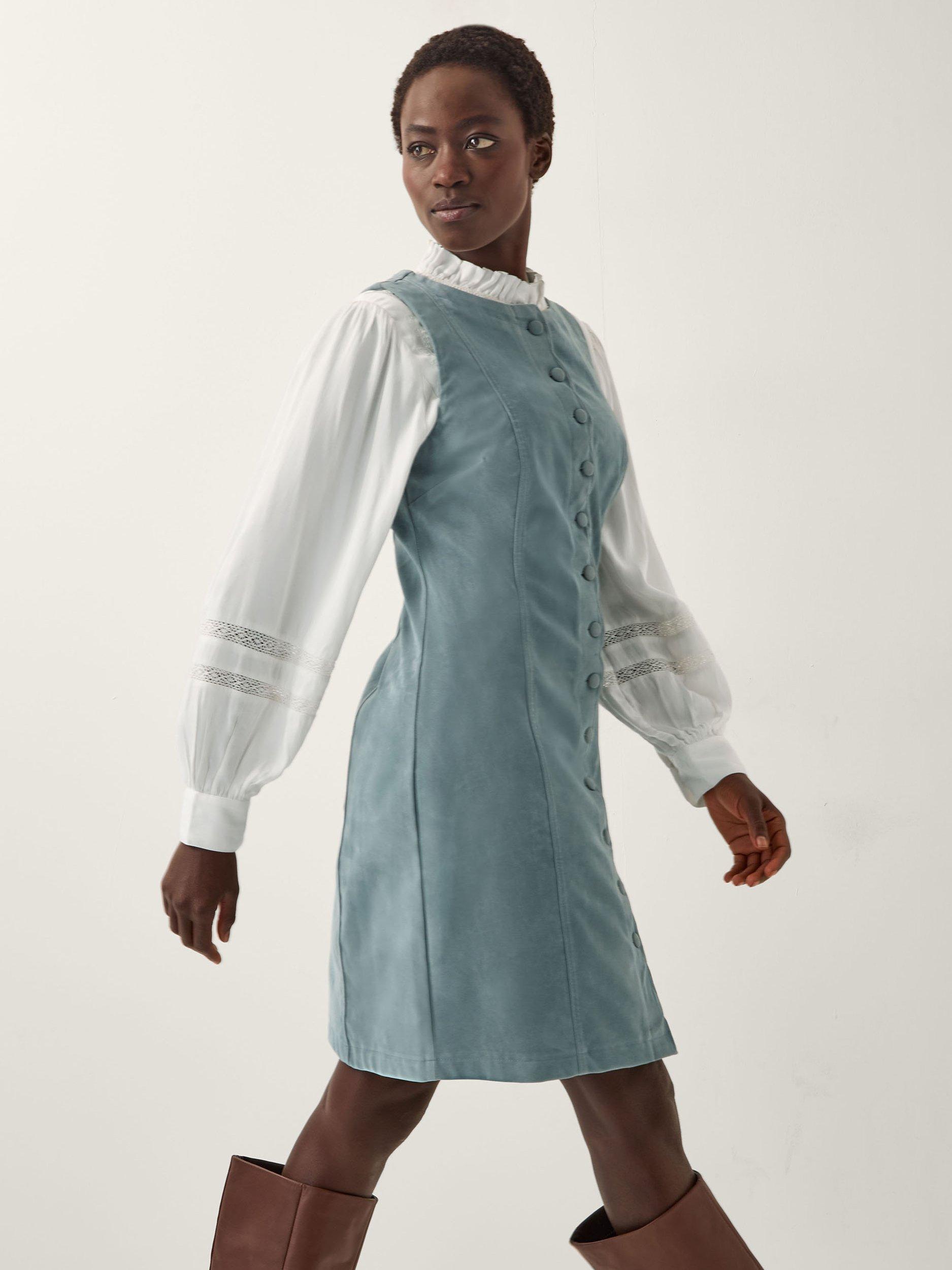 Product image 3 of 5, which shows Monsoon Rudi Scallop Pinafore Dress, Blue, 20