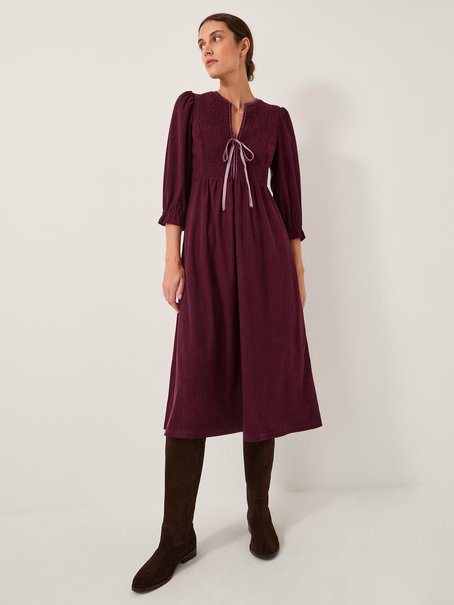 Monsoon Sara Smocked Stretch Corduroy Midi Dress, Berry