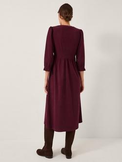 Monsoon Sara Smocked Stretch Corduroy Midi Dress, Berry - view 2, Berry