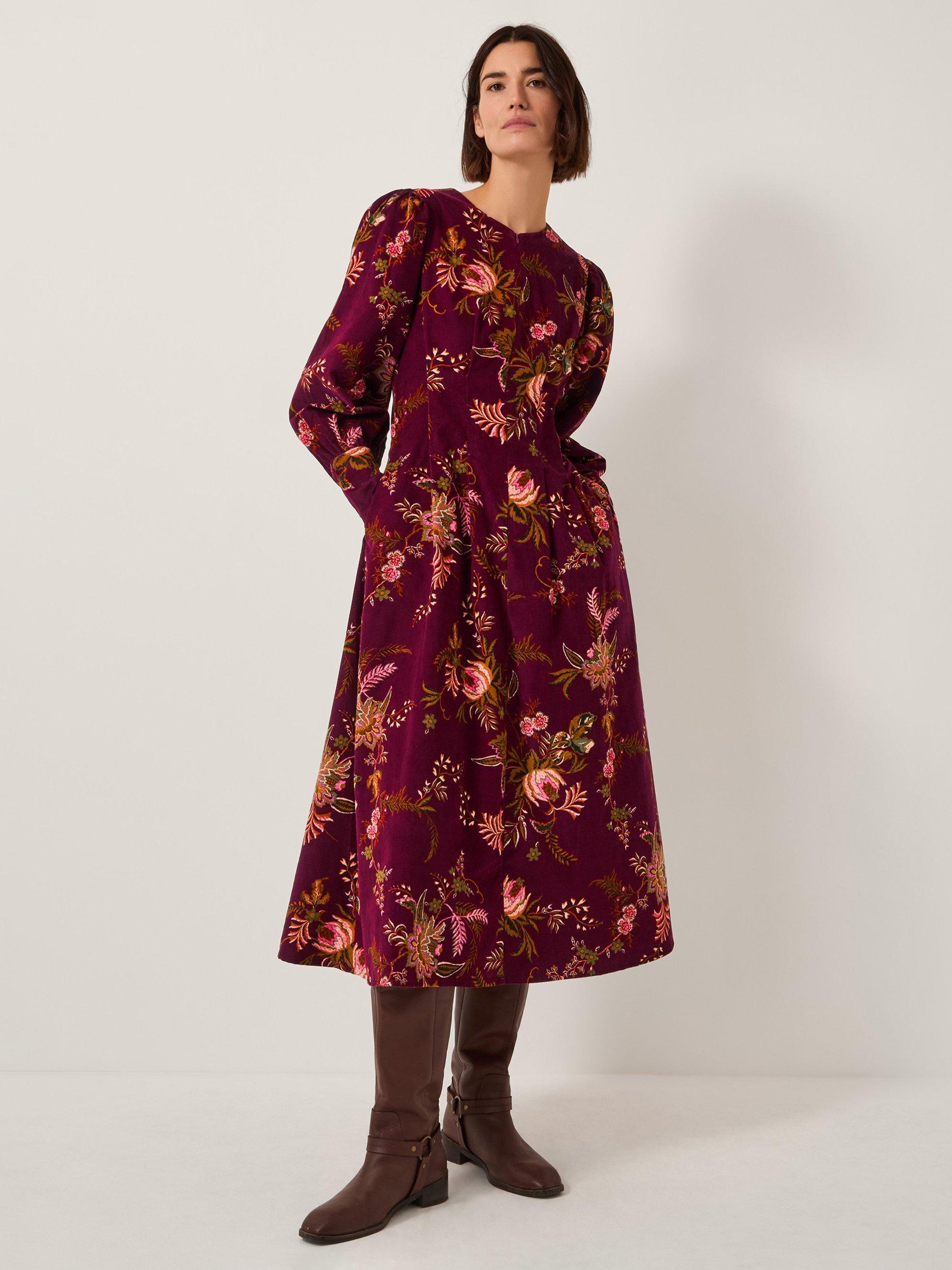Product image 1 of 5, which shows Monsoon Yasmina Floral Midi Dress, Cherry, 10