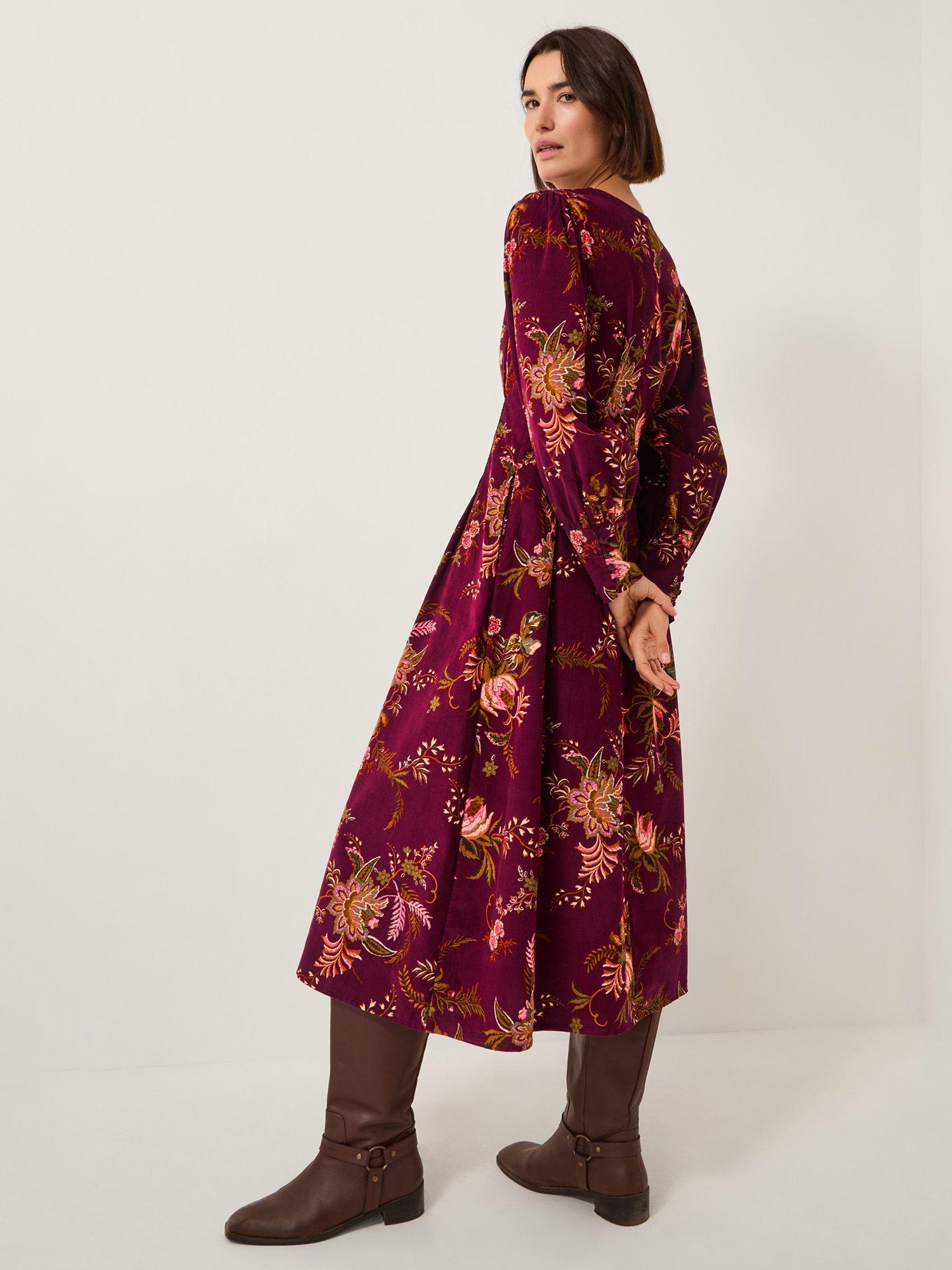Product image 2 of 5, which shows Monsoon Yasmina Floral Midi Dress, Cherry, 10