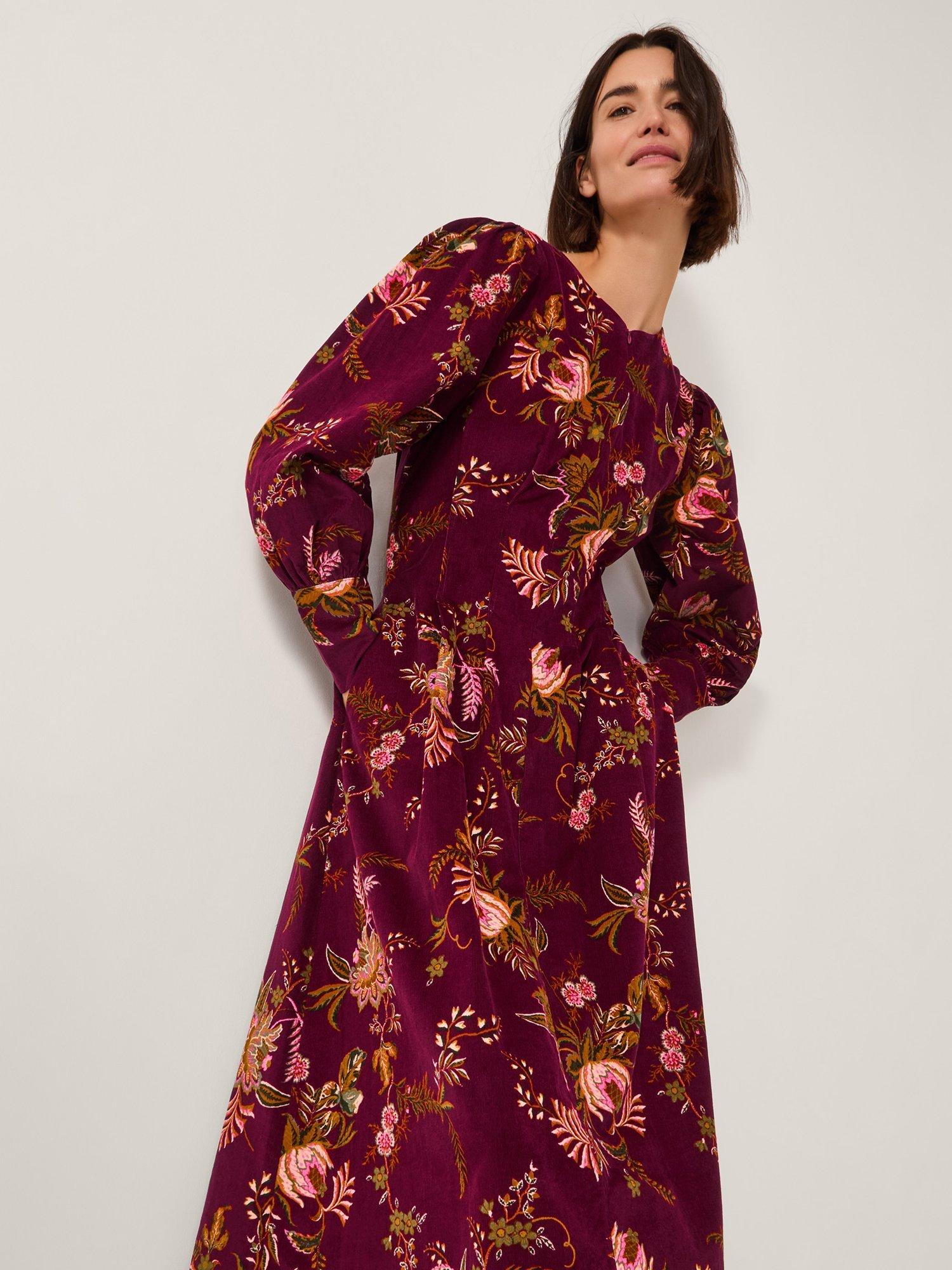 Product image 3 of 5, which shows Monsoon Yasmina Floral Midi Dress, Cherry, 10