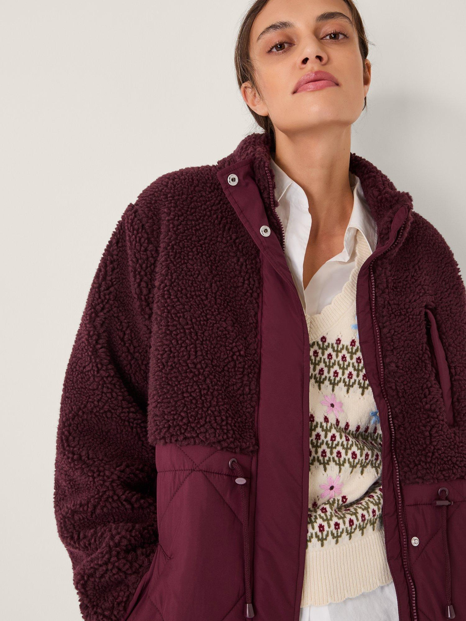 Product image 6 of 6, which shows Monsoon Marlo Borg Quilted Coat, Burgundy, S