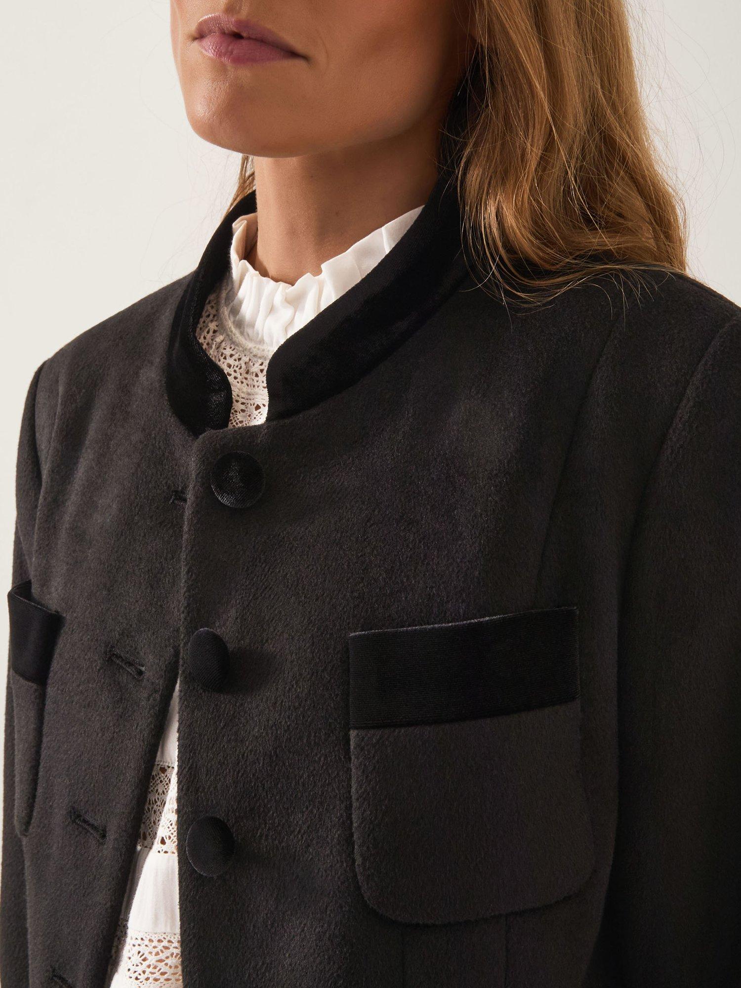 Product image 4 of 5, which shows Monsoon Viv Velvet Trim Coat, Black, 12