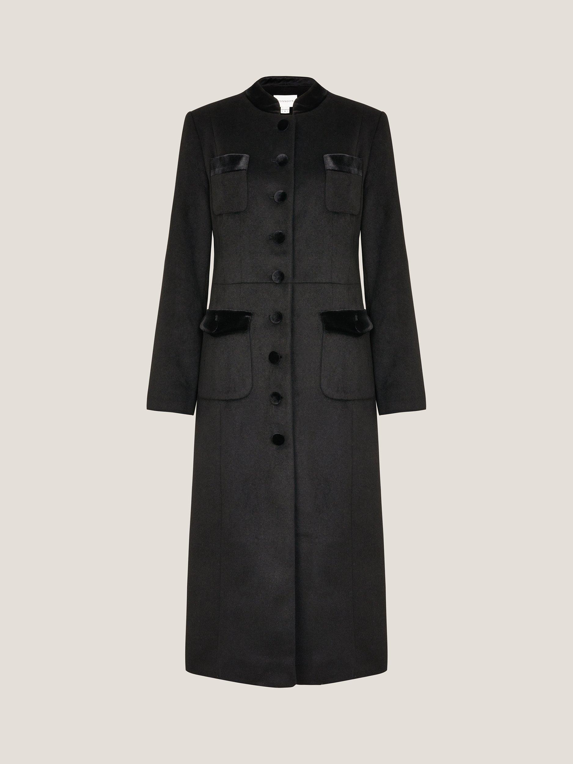 Product image 5 of 5, which shows Monsoon Viv Velvet Trim Coat, Black, 12
