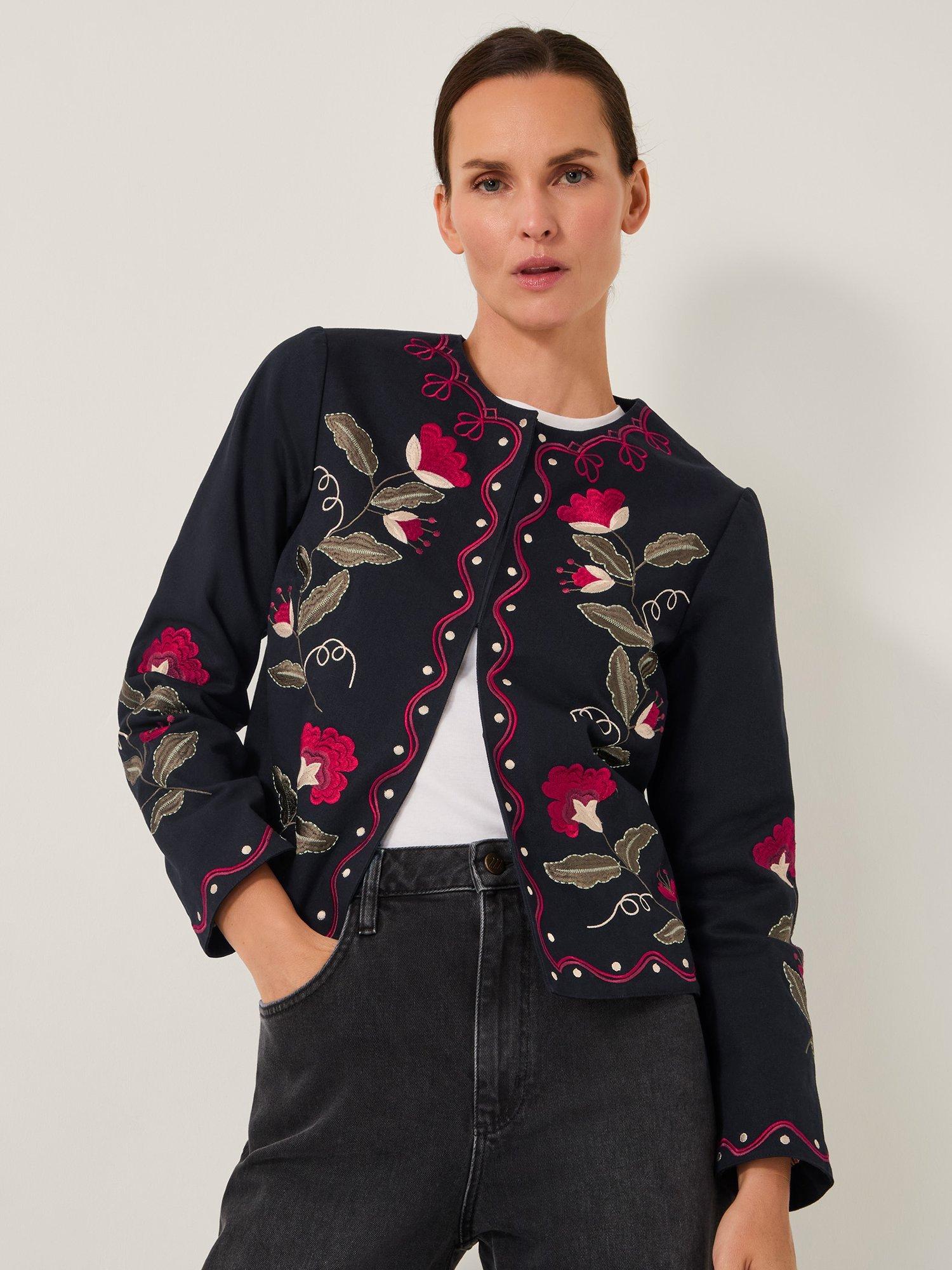 Product image 1 of 5, which shows Monsoon Valerie Embroidered Floral Jacket, Black, 8