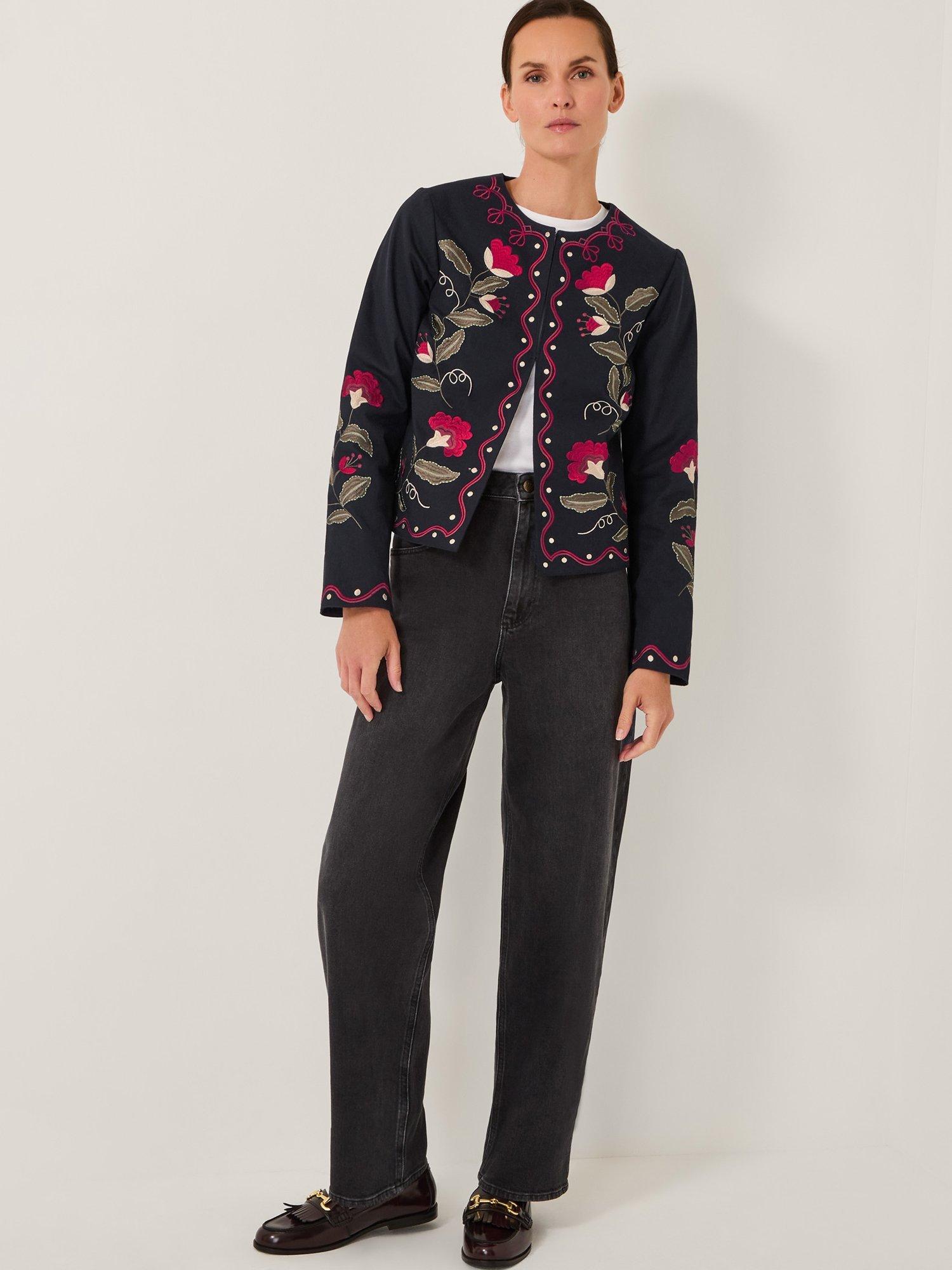 Product image 3 of 5, which shows Monsoon Valerie Embroidered Floral Jacket, Black, 8