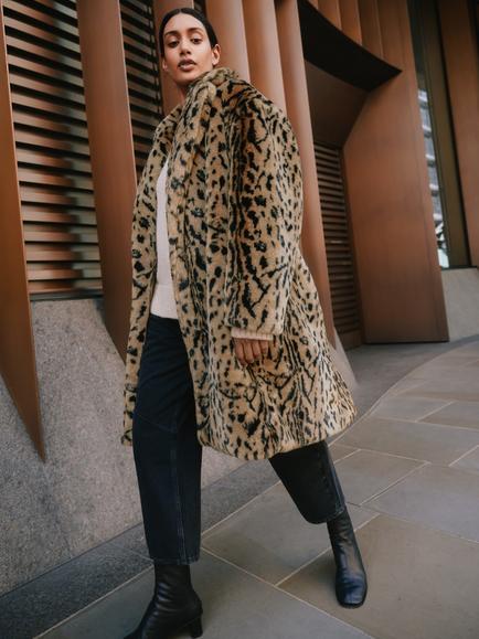 Albaray Animal Print Faux Fur Coat, Brown/Multi - view 2, Brown/Multi