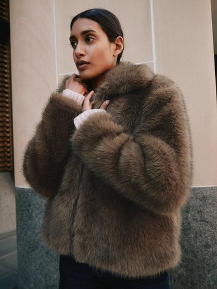 Albaray Collared Faux Fur Jacket, Brown - view 2, Brown