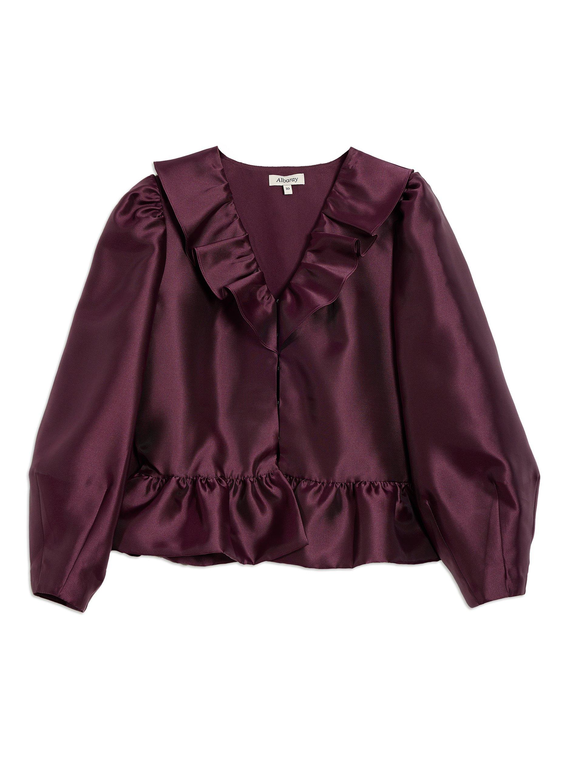 Product image 1 of 5, which shows Albaray Ruffle Neck Bubble Hem Jacket, Burgundy, 8
