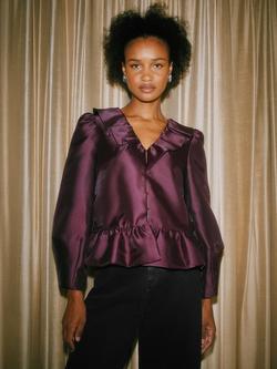 Albaray Ruffle Neck Bubble Hem Jacket, Burgundy - view 2, Burgundy