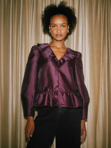 Albaray Ruffle Neck Bubble Hem Jacket, Burgundy - view 2, Burgundy