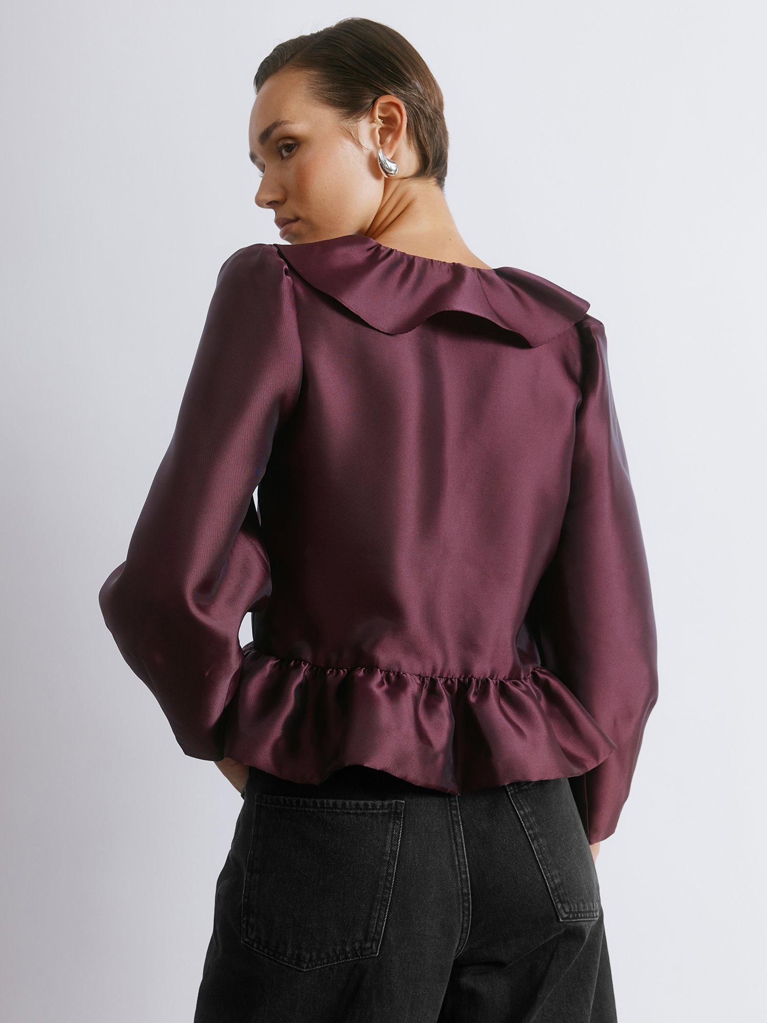 Product image 4 of 5, which shows Albaray Ruffle Neck Bubble Hem Jacket, Burgundy, 8
