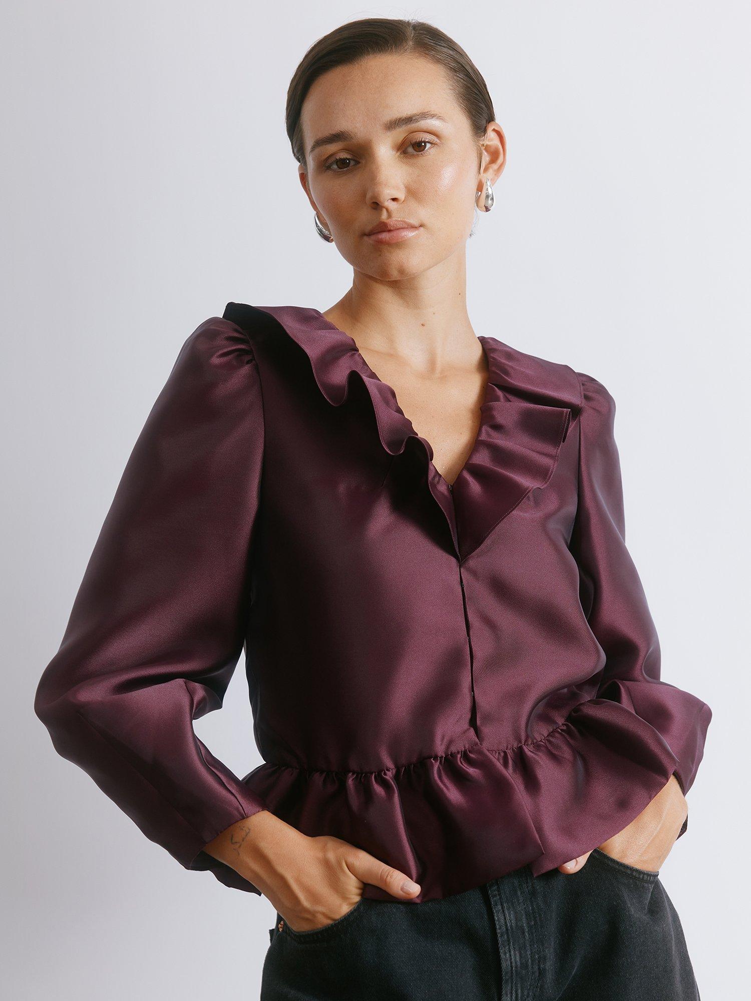 Product image 5 of 5, which shows Albaray Ruffle Neck Bubble Hem Jacket, Burgundy, 8