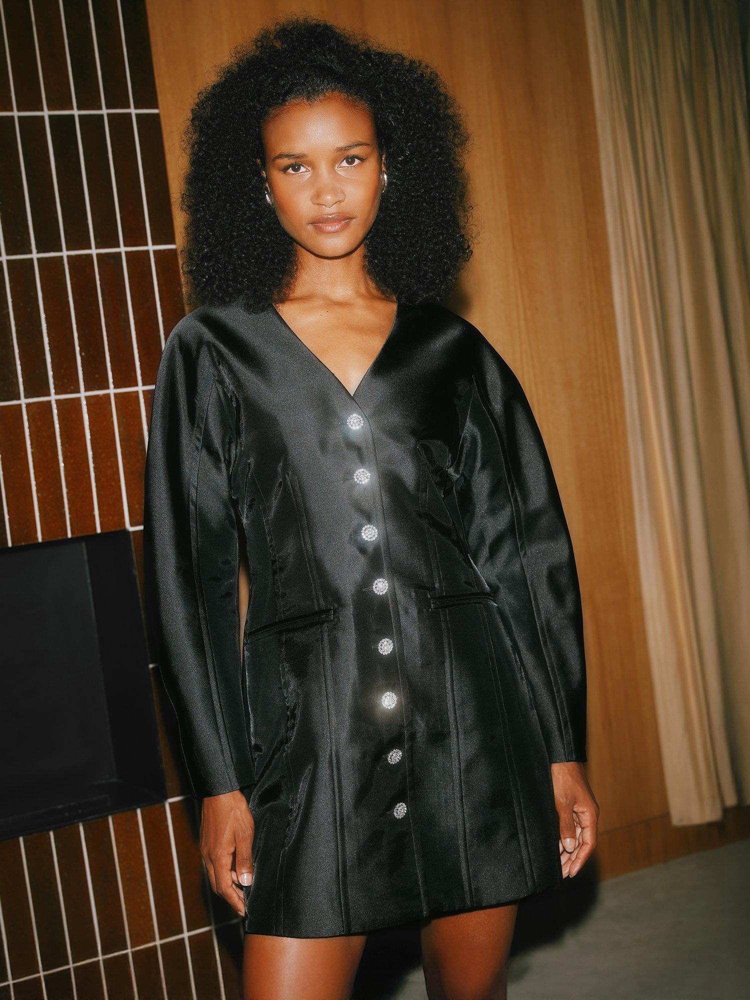 Product image 6 of 6, which shows Albaray Crystal Button Cocoon Taffeta Dress, Black, 8