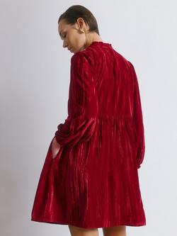 Albaray High Neck Crushed Velvet Mini Dress, Red - view 2, Red