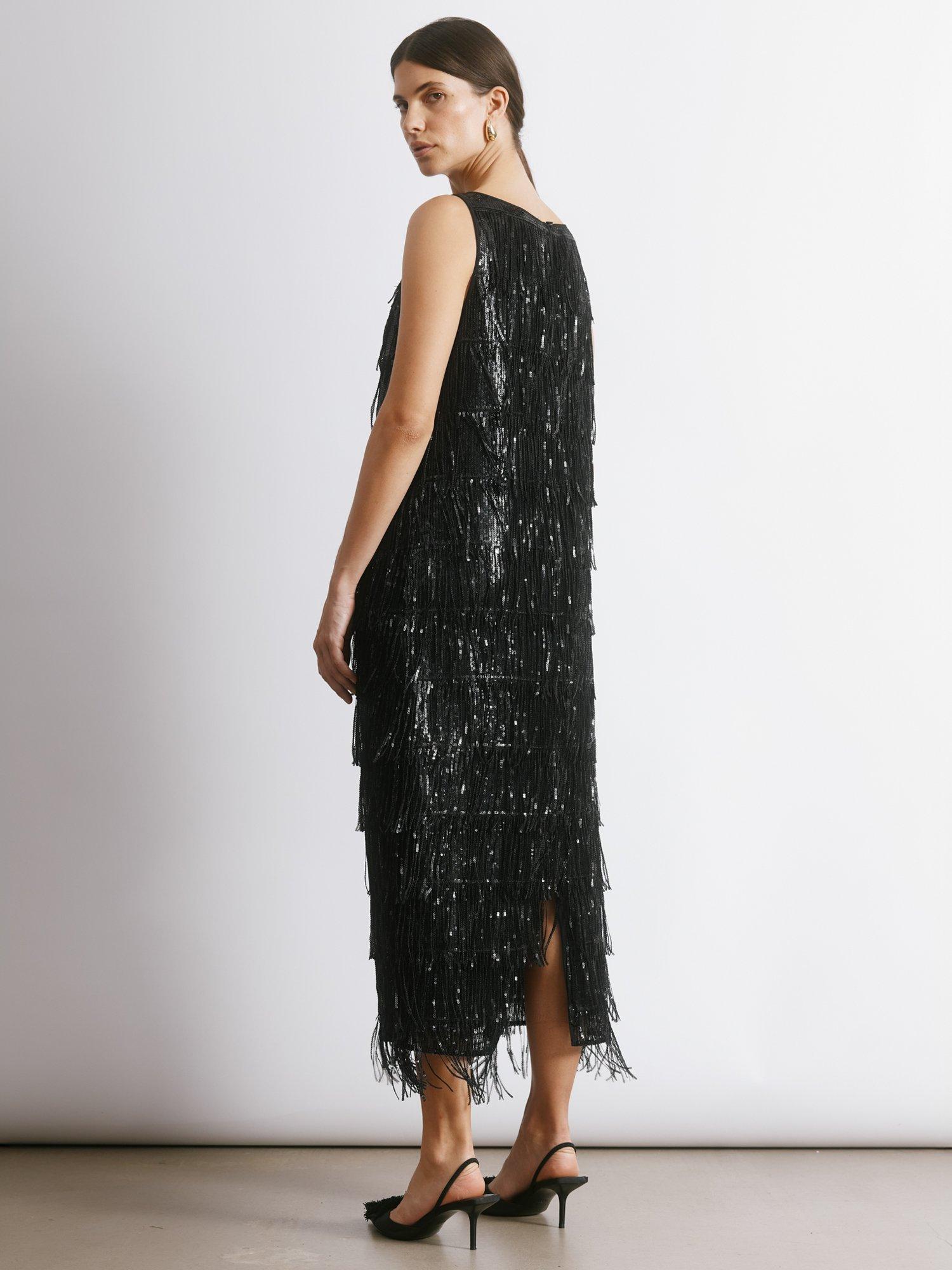 Product image 2 of 6, which shows Albaray Sequin Fringe Midi Dress, Black, 8