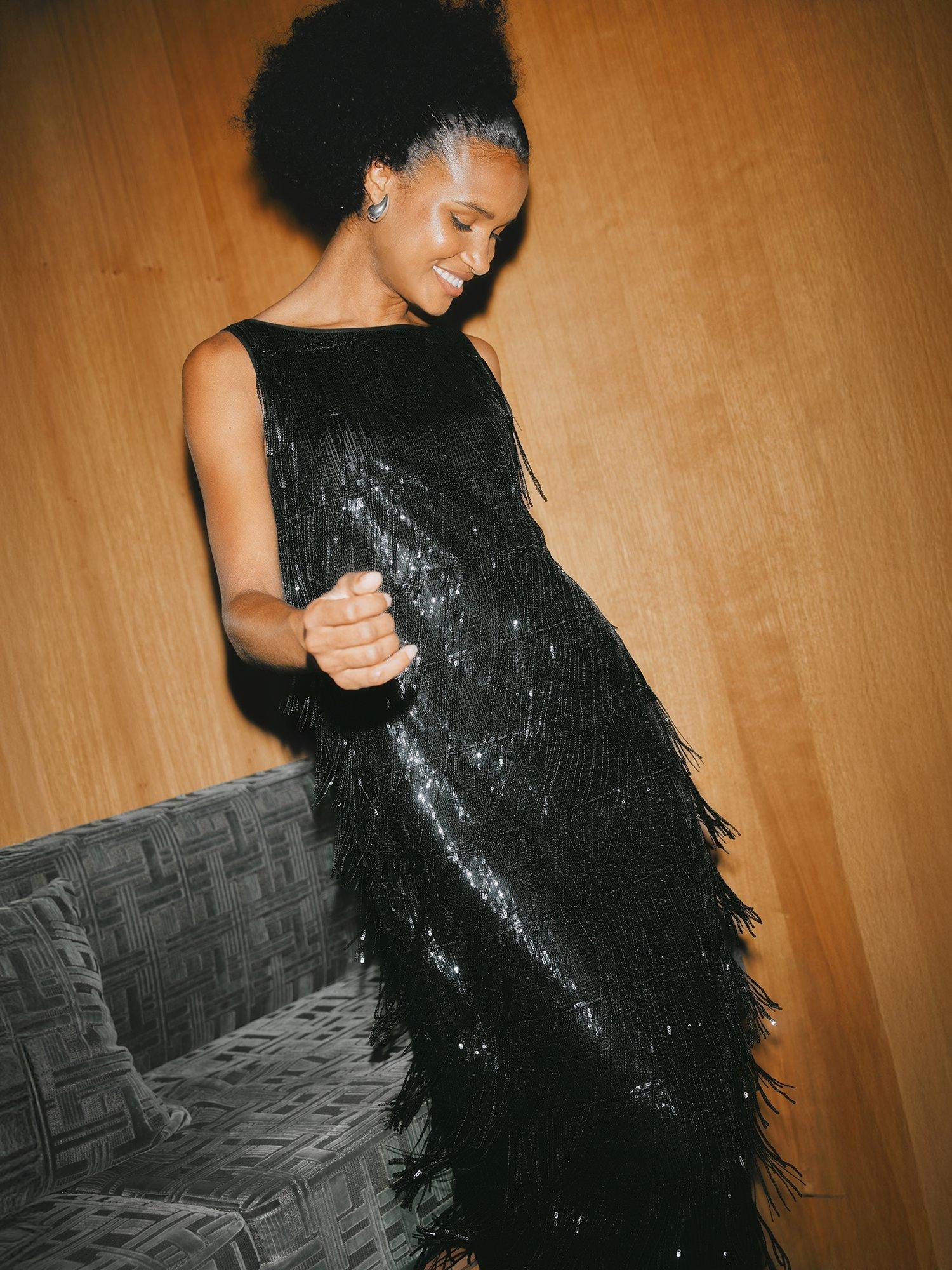 Product image 5 of 6, which shows Albaray Sequin Fringe Midi Dress, Black, 8