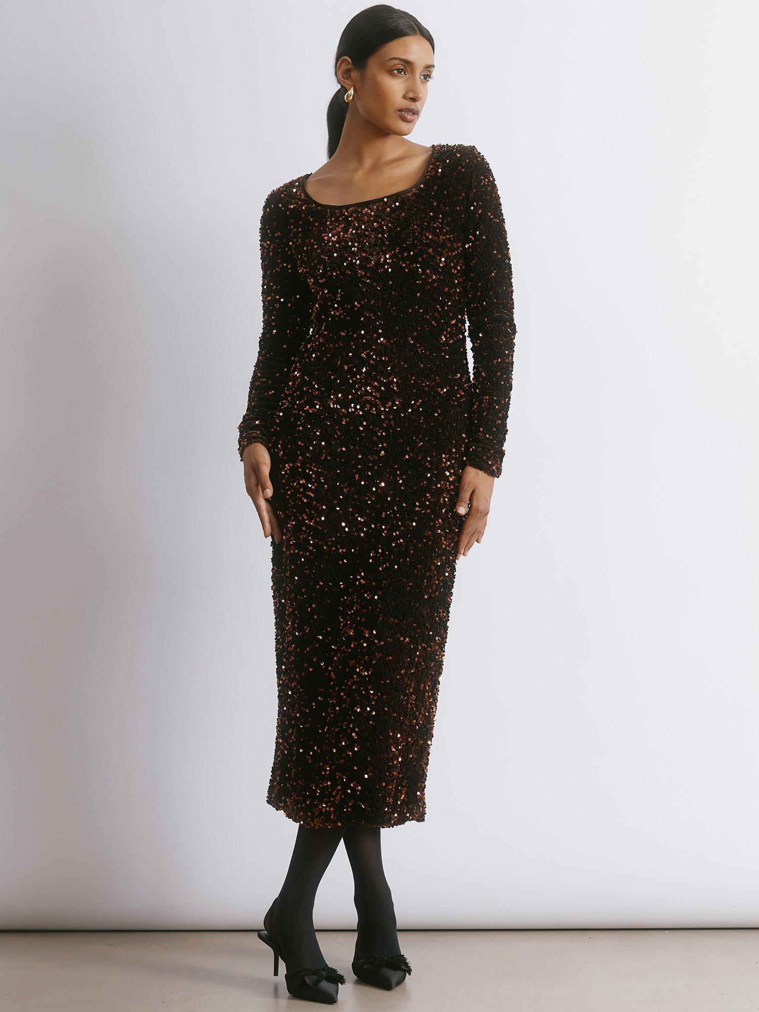 new look women's velvet a-line midi sequin dress reviews Ivory Embellished Boucle Sleeveless A-Line Midi Dress main image 1