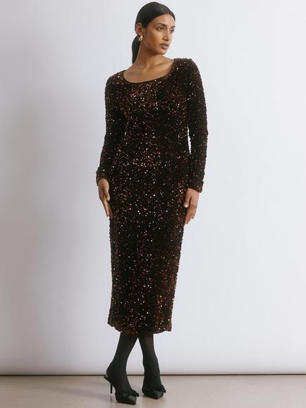Albaray Velvet Sequin Square Neck Midi Dress, Bronze, Bronze