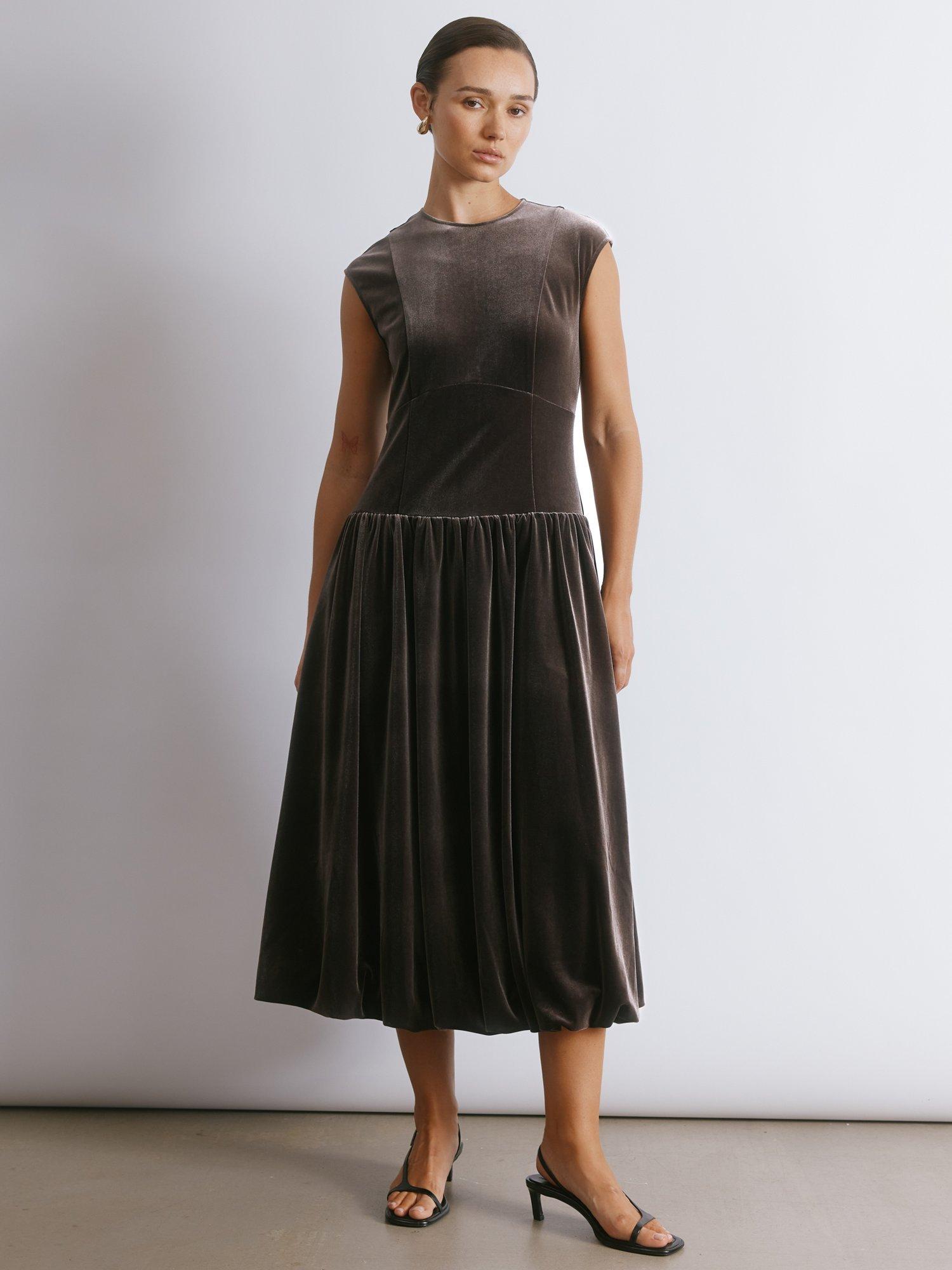 Albaray Velvet Puff Ball Midi Dress, Chocolate